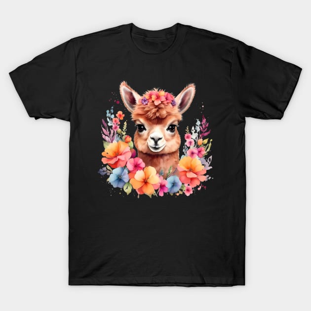 An alpaca decorated with beautiful watercolor flowers T-Shirt by CreativeSparkzz